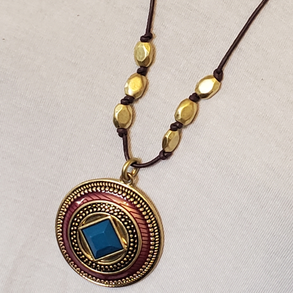 Lia Sophia goldtone medallion necklace purple blue